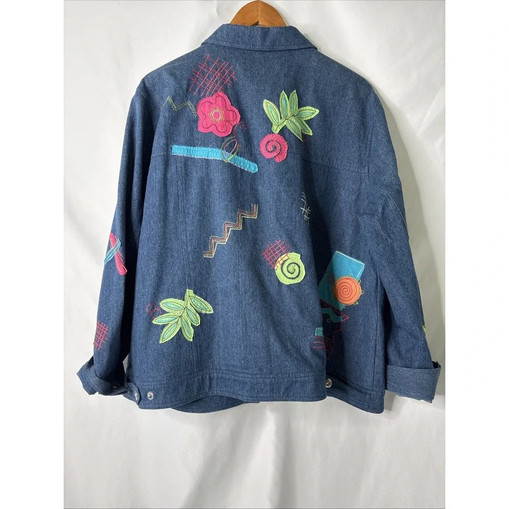 Anne Carson Blue Denim Jean Jacket Women's 3X‎ Embroidered Colorful Abstract